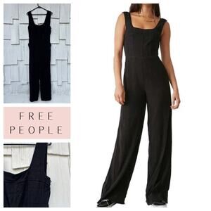 Free People Iris Wide Leg Jumpsuit Black Relaxed Fit Square Neckline Size M